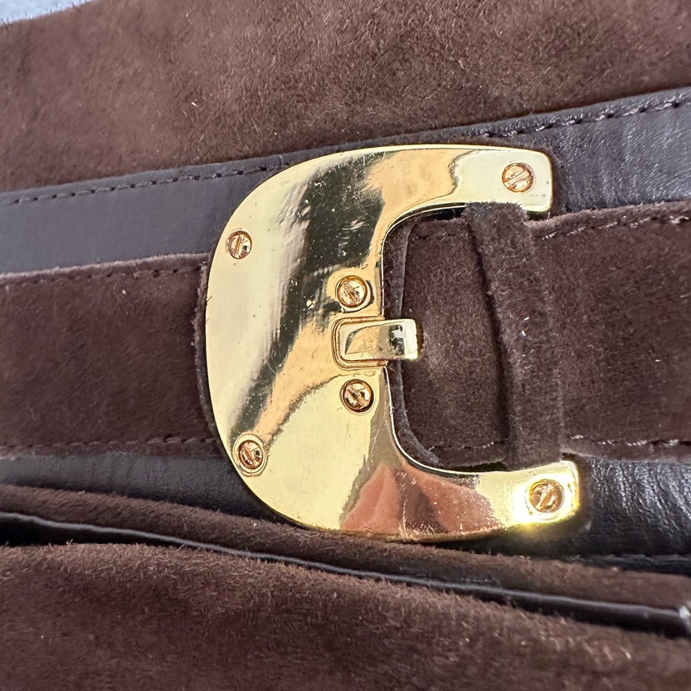 Cole Haan Dark Brown Suede Knee-High Heeled Boots with Gold Buckle - Picture 16 of 16